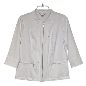 Christopher and Banks Womens S White Denim Jacket Stretch Full Zip 3/4 Sleeve